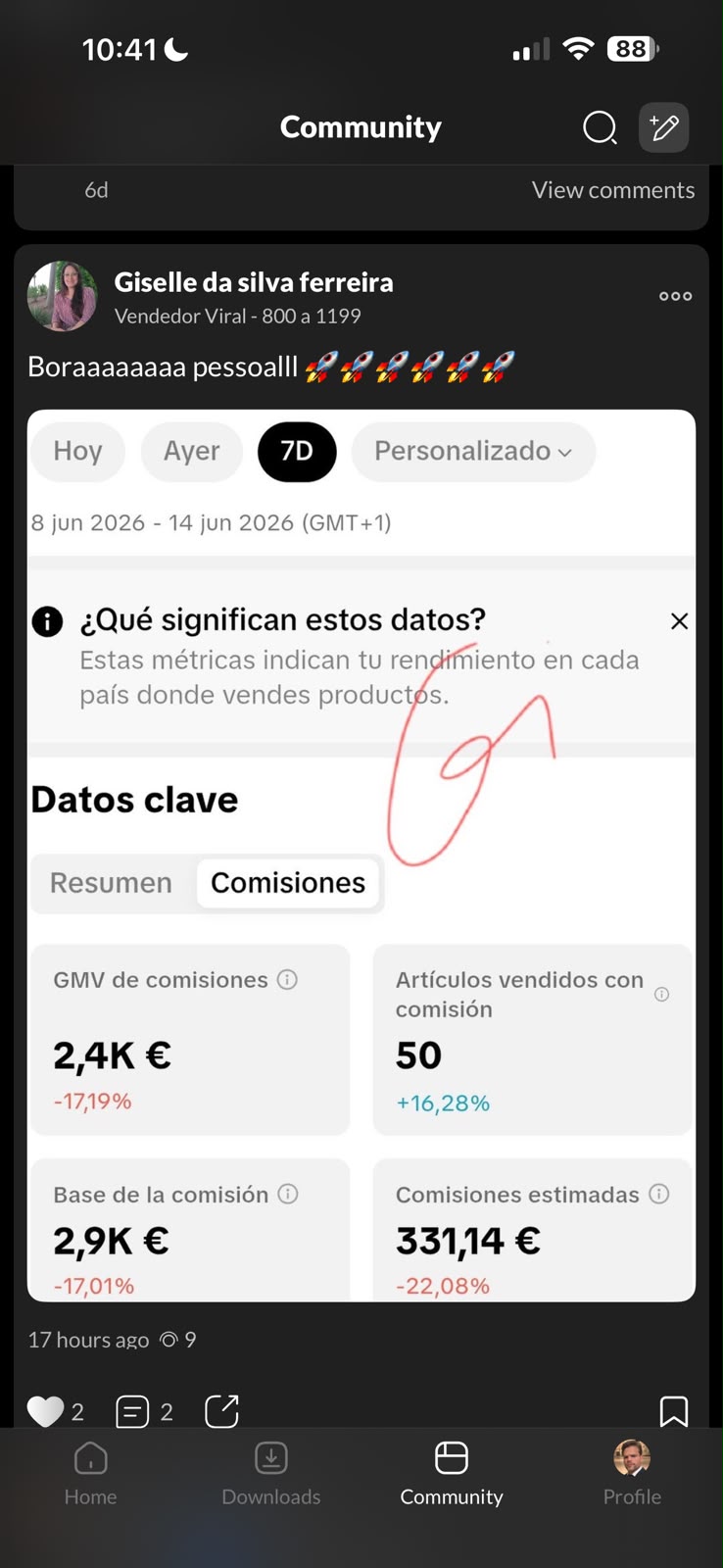 Post da comunidade: Giselle da Silva Ferreira com painel de €2,4K em GMV de comissões vendendo na Europa